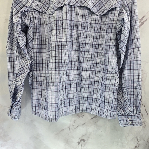 Simms Shirt Women Medium Purple Blue Button Up Long Plaid Vented Fishing Guide - Picture 7 of 10